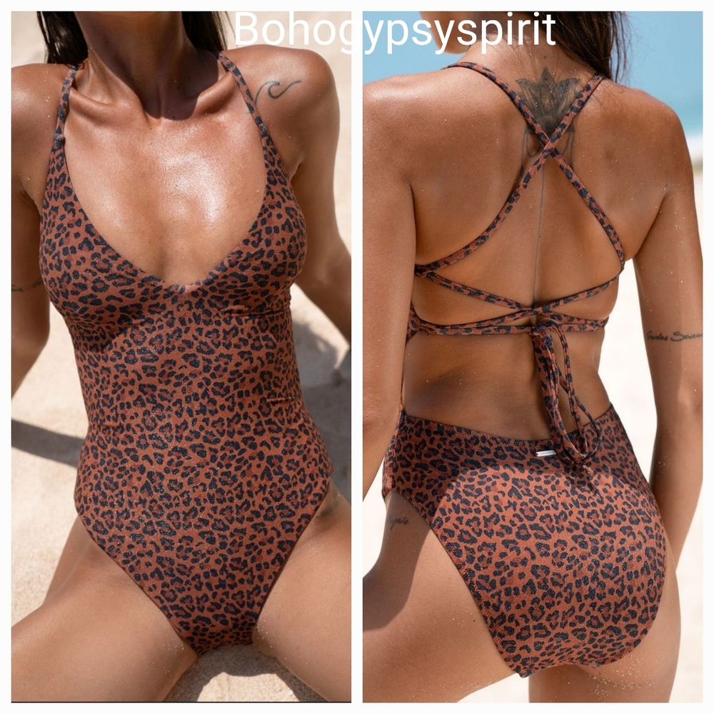 NWT Berlook Brown Metallic Leopard Lurex One Piece Swimsuit, Small